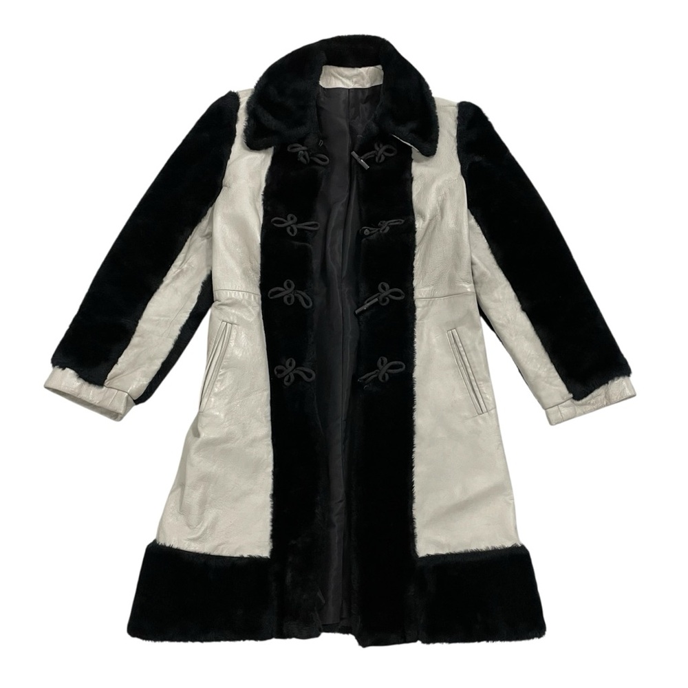 Vintage Midi Length Leather Coat Faux Fur Trim Fisherman Toggle Buttons